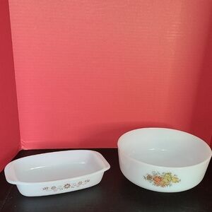 Vintage Milk Glass Style White & Floral Bakeware & Bowl